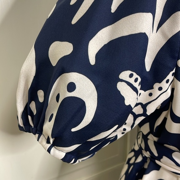 Alex Marie Womens Allison Satin Shell Print Crepe Short Sleeve A-Line Dress Sz M - Picture 7 of 16